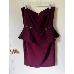 Venus Strapless Peplum Dress Burgundy Faux Suede Ribbed Mixed Media Size 16